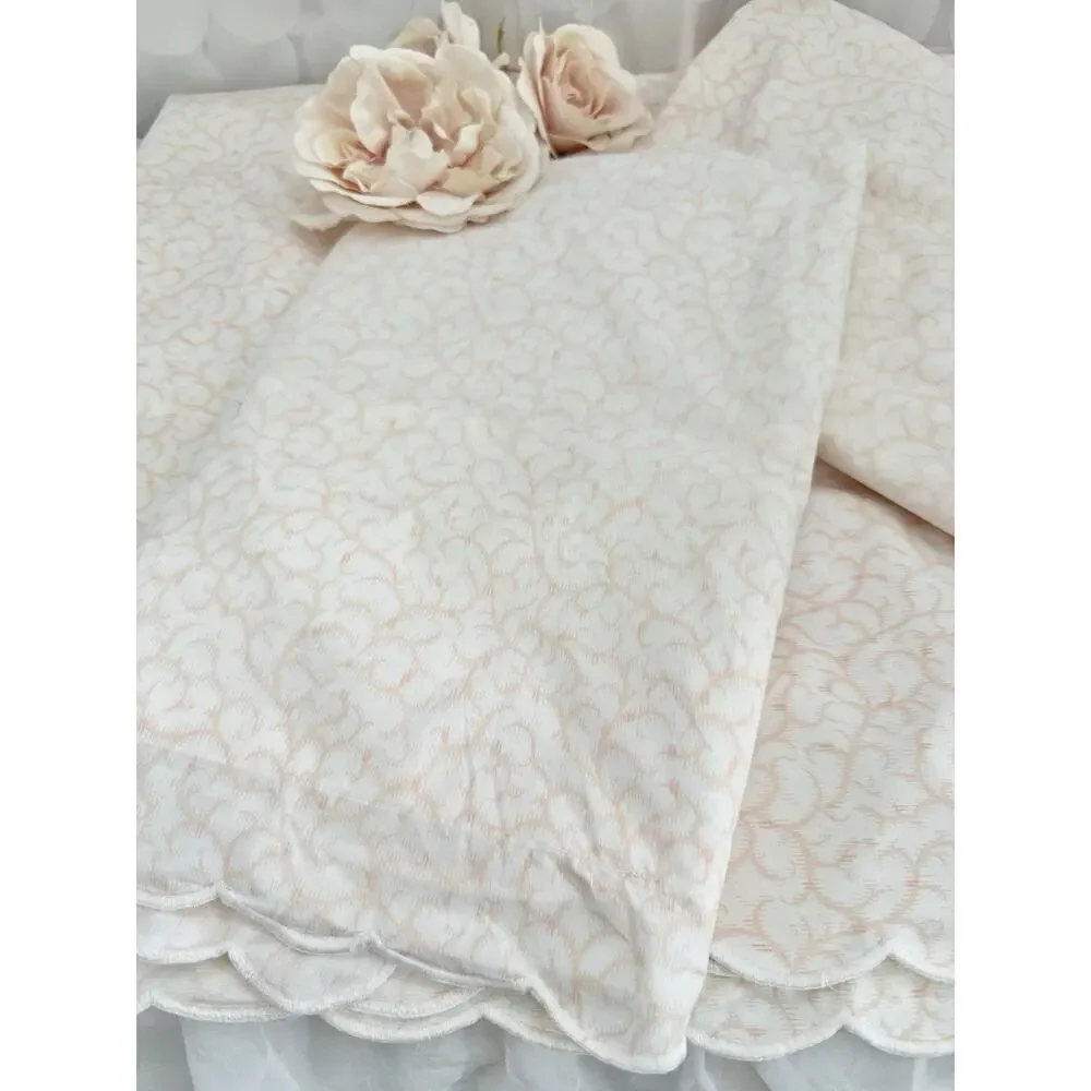 Yves Delorme QUEEN FLAT SHEET & 2 Shams Peach White Modern SCALLOPED EMBROIDERED